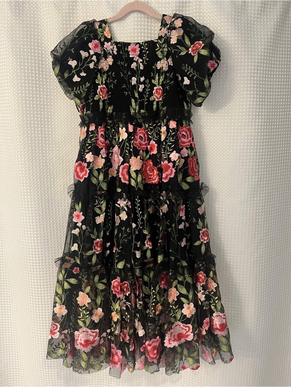 NWOT JessaKae Girls Black Floral Embroidered Tiered Rose Dress